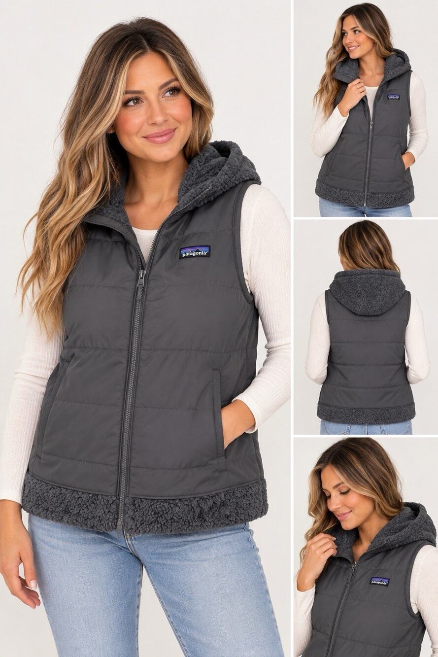 Patagonia Reversible Los Gatos Hooded Fleece Vest Womens L Gray